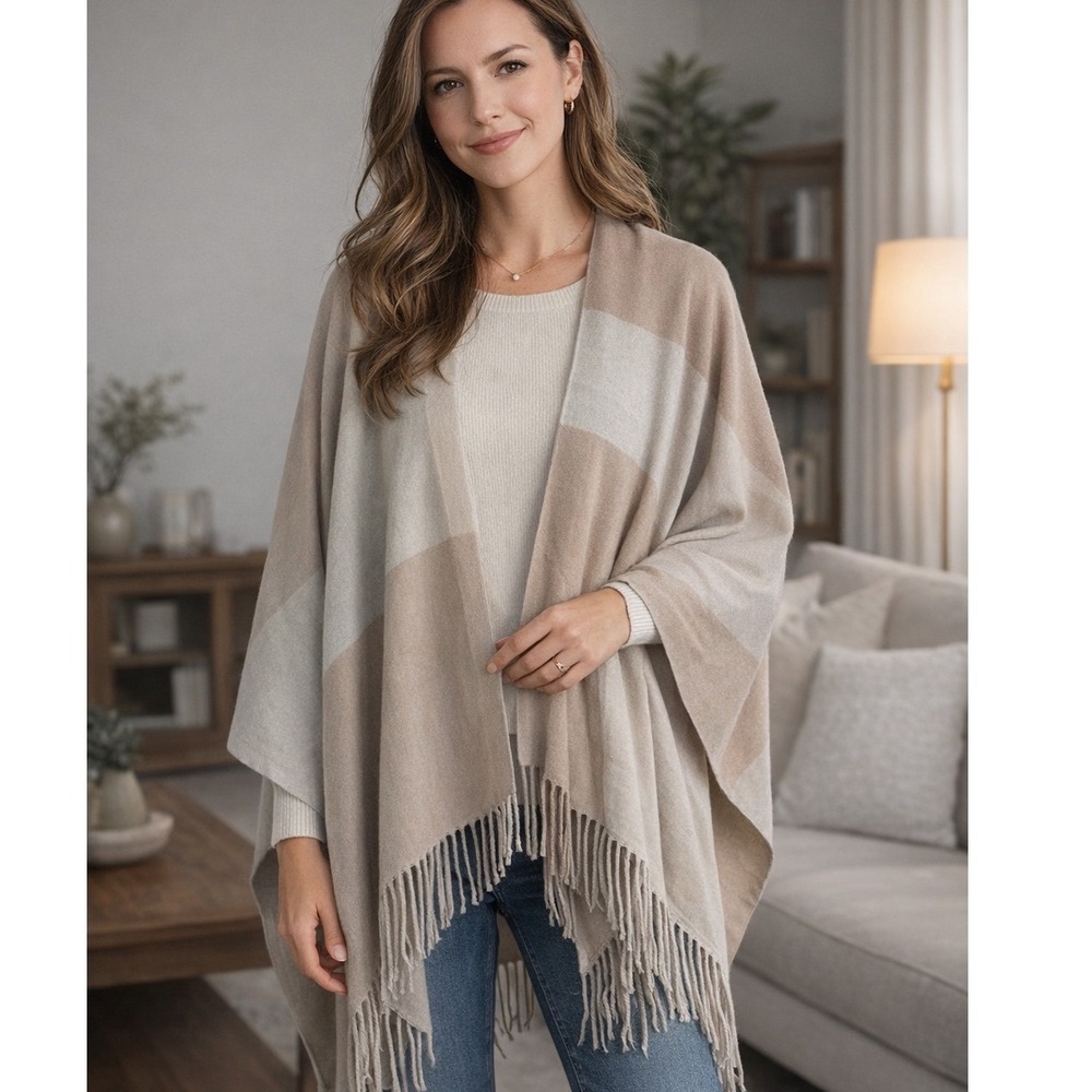 Soia & Kyo Fringe Shawl Wrap Scarf Neutral Colorblock One Size NWT